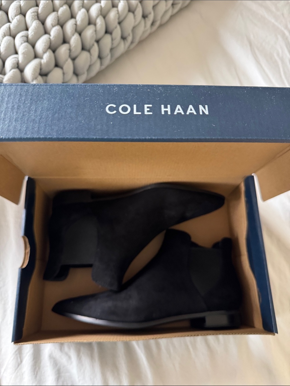 Cole Haan Black Suede Chelsea Booties with Pointed Toe